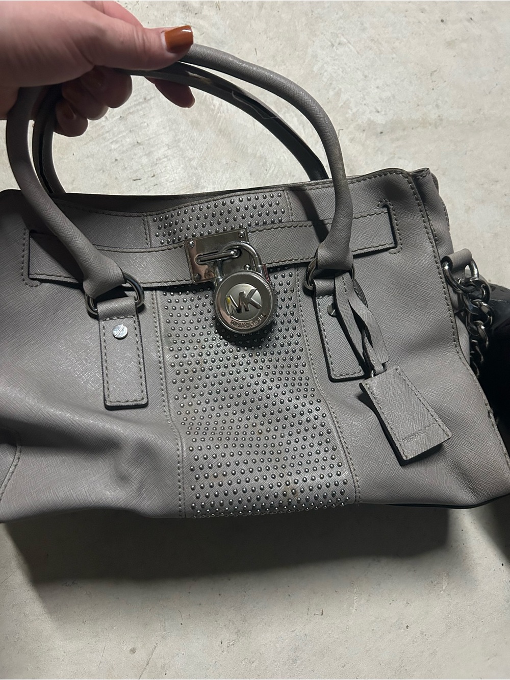 Michael Kors Gray Studded Leather Satchel with MK Padlock